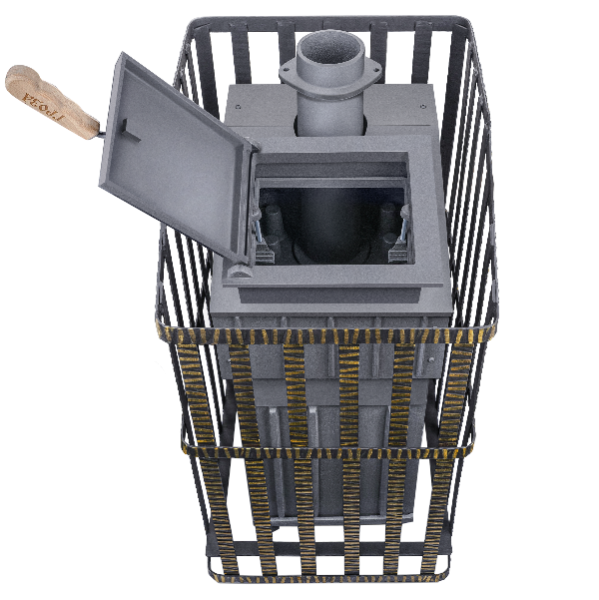 Печь-каменка чугунная ГРОЗА-УРАГАН 18МС дверца со стеклом в сетке (18 м.куб)