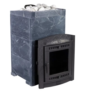 Печь-каменка чугунная АТМОСФЕРА XL дверца со стеклом в облицовке ТАЛЬКОХЛОРИТ (32 м.куб)