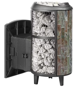 Печь-каменка чугунная АТМОСФЕРА L дверца со стеклом  в сетке-ламель ЖАДЕИТ наборный (22 м.куб)