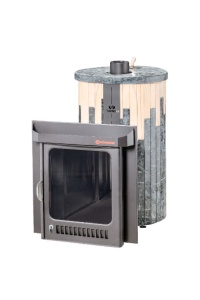 Печь-каменка ОПТИМА ПФ дверца со стеклом в ламелях ПИРОКСЕНИТ + ОКАМЕНЕВШЕЕ ДЕРЕВО (28 м.куб)
