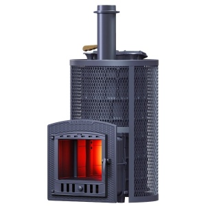 Печь-каменка чугунная АВАНГАРД ЗК УРАГАН 40П2 в сетке КРУГЛАЯ  дверца ПАНОРАМА  (40 м.куб)