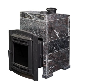 Печь-каменка чугунная АТМОСФЕРА L дверца со стеклом в облицовке АМФИБОЛИТ (22 м.куб)