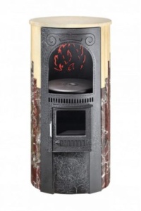 Печь отопительная ЛАДА ПФ в ламелях РОССО ЛЕВАНТЕ + ОКАМЕНЕВШЕЕ ДЕРЕВО с вар. поверх. (150 м.куб.)