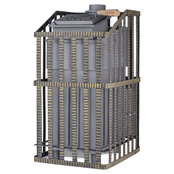 Печь-каменка чугунная ГРОЗА-УРАГАН 24МС дверца со стеклом в сетке (24 м.куб)
