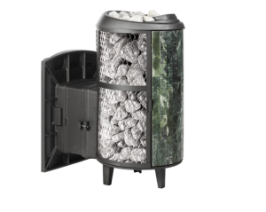 Печь-каменка чугунная АТМОСФЕРА L дверца со стеклом  в сетке-ламель ЗМЕЕВИК наборный (22 м.куб)