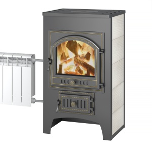 Печь-камин ВЕЗУВИЙ ПК-01 дверца 205 С ЧУГУННОЙ ПЛИТОЙ и теплообменником бежевый 12кВт (200м.куб)  (2