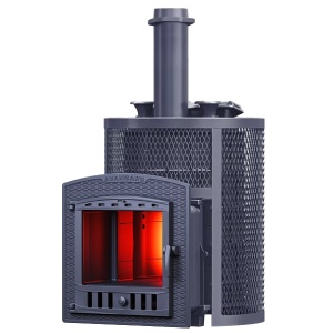 Печь-каменка чугунная АВАНГАРД ЗКН УРАГАН 35П2 в сетке КРУГЛАЯ  дверца ПАНОРАМА  (35 м.куб)